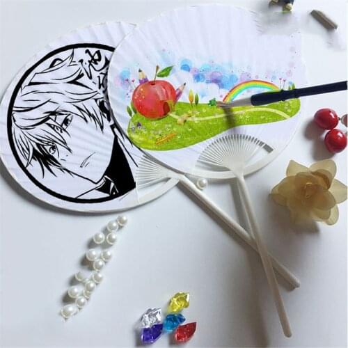 Wholesale Childrens White Plastic Paper DIY Painting Fan For Kids DIY Blank Cartoon Chinese Style Mini Craft Gift