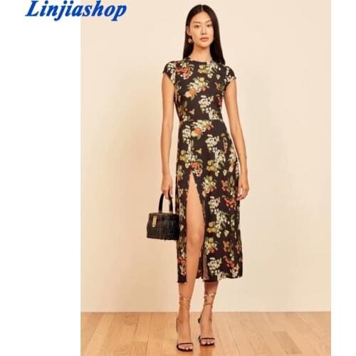 France Chiffon Vestido Vintage Floral Print Black Split Opens Midi Dress Fashion Sleeveless Women Long Dress