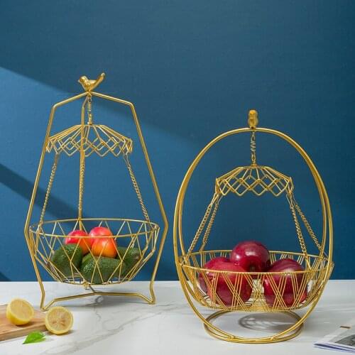 Modern Golden Hanging Metal Fruit Basket Coffee Table Desktop Decoration Geometric Snack Candy Storage Tray Swing Display Stand