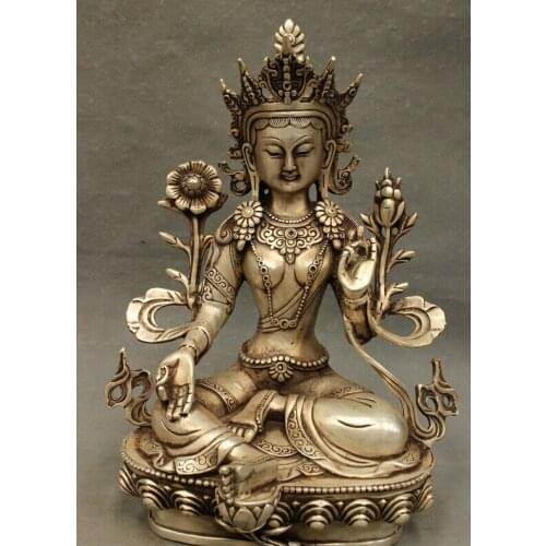 USPS to USA S1448 11" Folk Tibet Silver Buddhism Green Tara Statue Chinese Brass Kwan-Yin Goddess