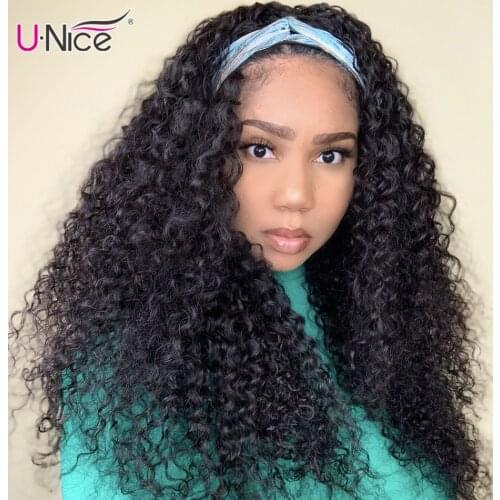 Unice Hair High Quality Headband Wigs Jerry Curly Human Hair Wigs 150% Density Virgin Hair Natural Black