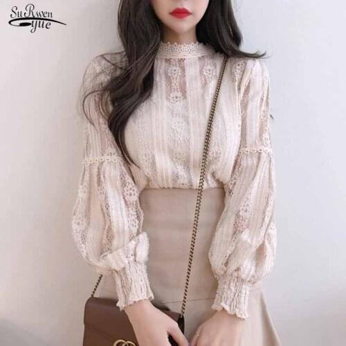2021 Lace Blouse Women Long Sleeve Ladies Shirts for Women Tops Spliced Solid Stand Collar Tops Blusas Mujer De Moda 6899 50