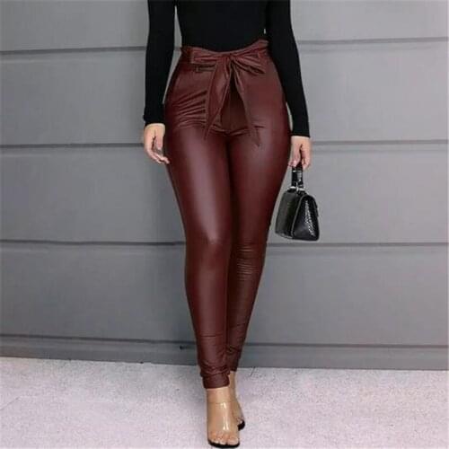 Womens Leggings PU Leather High Waisted Pants Stretchy Bowknot Skinny Pencil Trousers Bow Womens Pants Black Wine Red Trousers