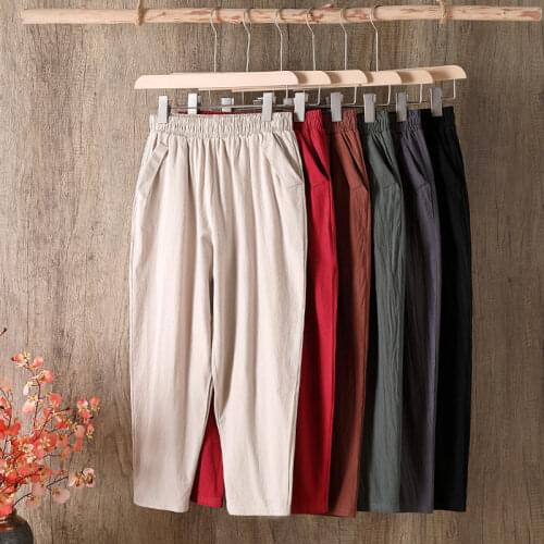 Womens Summer Capri Pants Elastic Waist Ankle-length Linens Pants Plus Size Causal Vintage Cotton Linen Harem Pants for Women