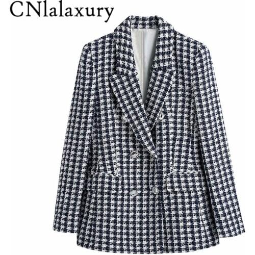 Women Houndstooth Loose Tweed Blazers 2021 Spring-Autumn Fashion Ladies Elegant Patchwork Plaid Jackets Casual Female Chic Tops