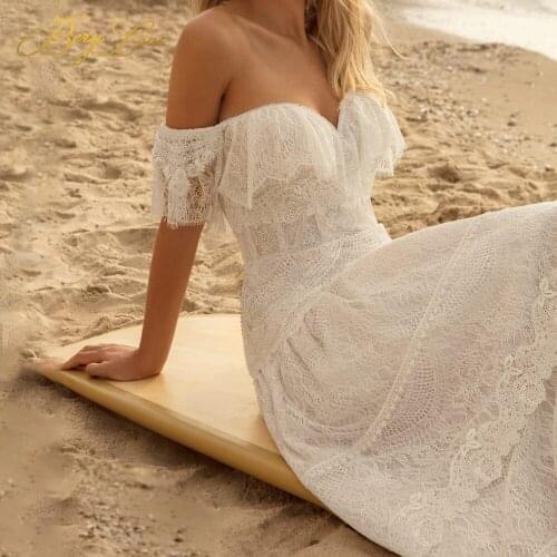 Berylove A Line Ivory Wedding Dresses Off Shoulder Lace Long Beach Wedding Gowns Tiered Elegant Bridal Gown Zipper Marriage