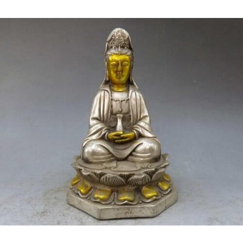 China silver gilt handwork carved beautiful Kwan-yin sculpture Guanyin Statue