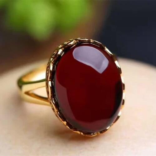 Myanmar blood Po ring rose gold original mineral honey wax amber original stone 925 silver live mouth womens wine red