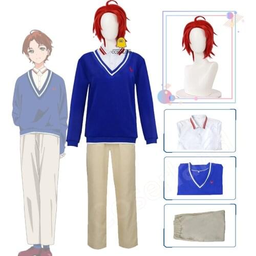 Anime Wonder Egg Priority Momoe Sawaki Cosplay Costume Short Red Wig Blue Sweater White Shirt Christmas Halloween Party Outfit