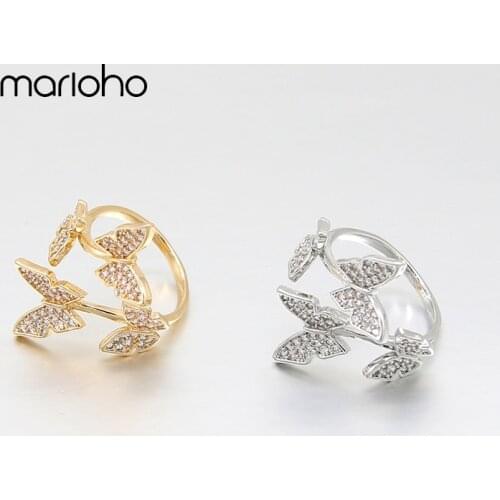 Fashion Shiny Rhinestone Butterfly Metal Opening Finger Ring Gold Color Geometric Ring Simple Statement Jewelry Party Women