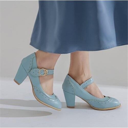 2020 Fashion Womens Shoes blue Pink Red Black Block Women Heels Mary Jane Party High Heel Shoes Plus Size 32-43 Pumps