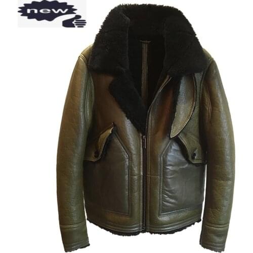 Luxury Brand Men Genuine Sheepskin Leather Military Warm Lamb Wool Real Fur Lining Bomber Jacket Biker Shearling Coats