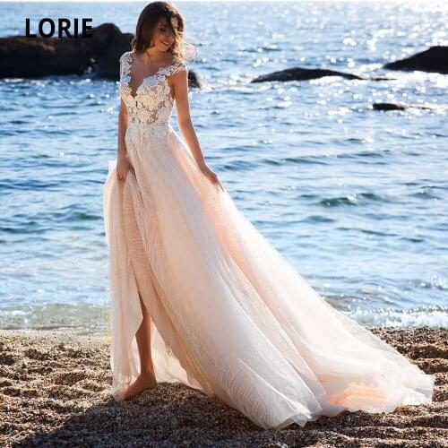 LORIE 2020 New Champagne Boho Beach Tulle Wedding Dresses V-neck Appliques Lace Cap Sleeves Bridal Gowns Custom Made Plus Size
