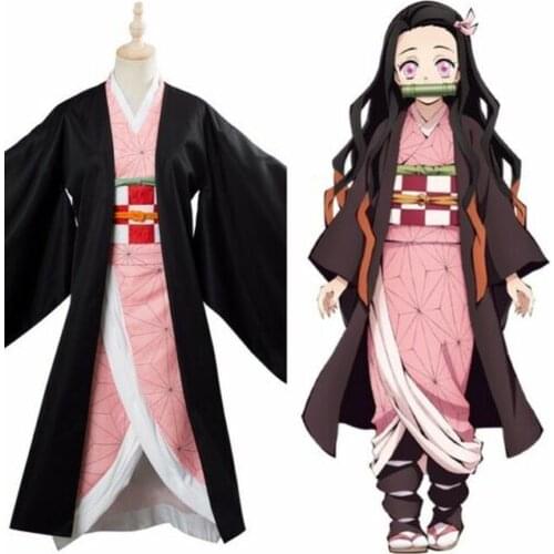 OLOMLB Demon Slayer Kamado Nezuko Cosplay Costumes Kimono Cos Outfit Adult Halloween With Hair+Clogs