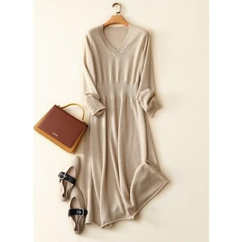 Autumn new elegant long sleeve v neck softness 100% cashmere sweater dress women pullover