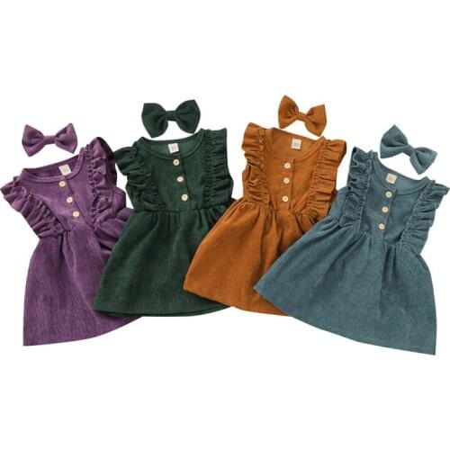 Toddler Baby Girls Sleeveless Ruffles Dress Headband Children Corduroy Clothes Outfits Kids Princess Dresses for Girls 1-5 Years
