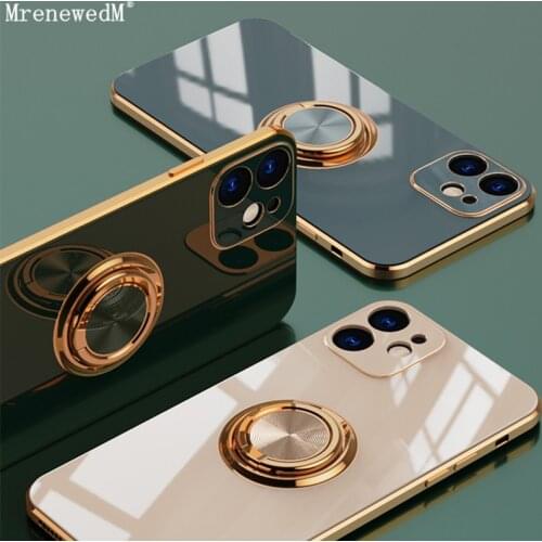 Gold Plating Silicone Magnetic Phone Case For iPhone 12 11 Pro Max X XR XS 7 8 Plus SE2 Soft Shockproof Ring Holder Stand Cover