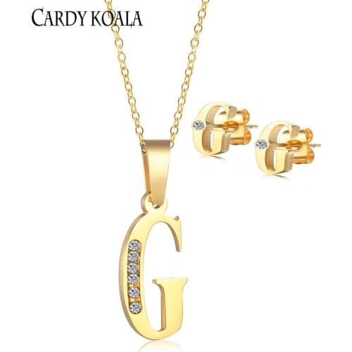 Simple and fashionable letter G diamond-studded titanium steel jewelry set earrings necklace gold-plated childrens letter earri