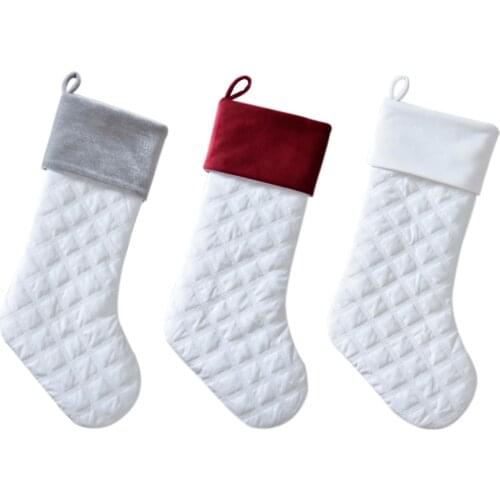 3pcs Christmas stocking White Rhombus TextureXmas quilt embroidery with velvet cuff Decoration Holiday Ornaments