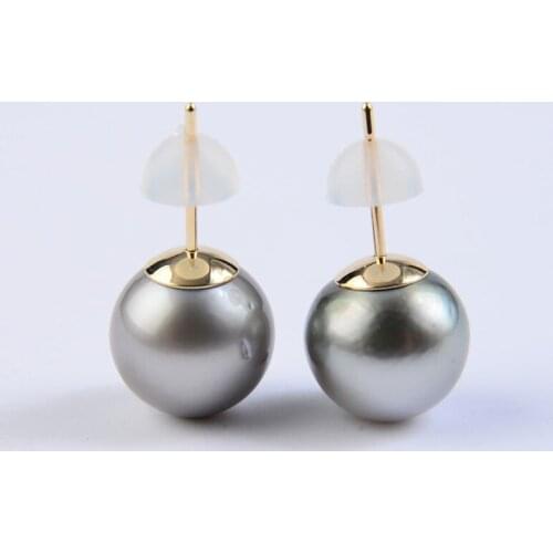10-11MM Natural Gray Genuine Tahitian Pearl Stud Earrings 9K Solid Yellow Gold