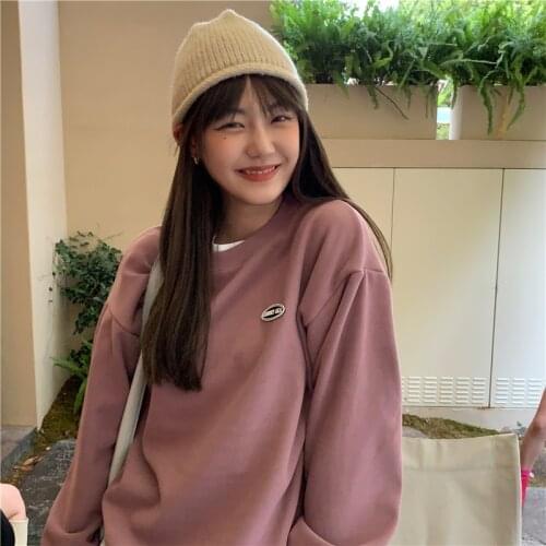 Autumn Winter Hoodies Women Solid Loose Korean Sweatshirts Long Sleeve Casual Pullovers with Velvet O-Neck Oversize Kawaii X867