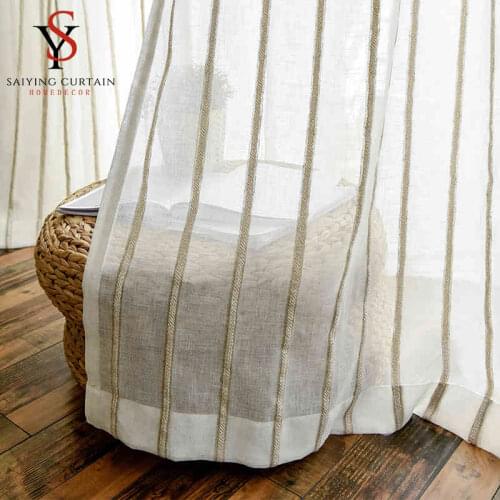 Japanese Style Striped Linen Tulle Curtain For Bedroom Thicken gauze Voile Curtain For Bedroom Sheer Curtain Window For Kitchen
