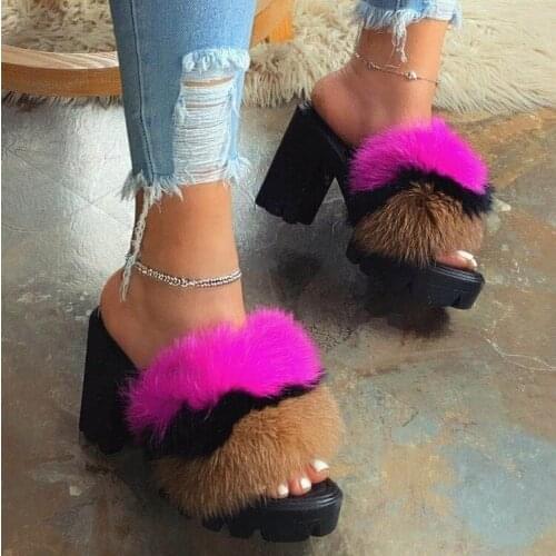 Womens Sandals Summer High Heels Vintage Plush Fur Slippers Peep Toe Square Heel Wedges Sandals Shoes Zapatos Mujer