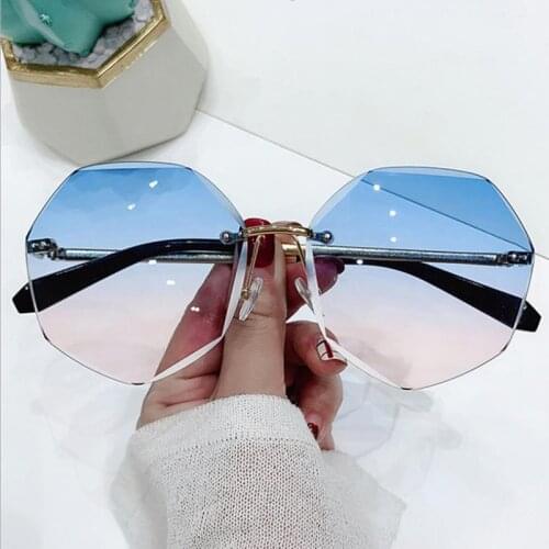 Rimless Womens Sunglasses Fashion Popular Vintage Round Metal Fashion Lady Sun glasses Blue Pink Ocean Water Cut Trimmed Lens