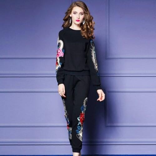 Women Two Piece Set Tracksuits Tops + Pants Autumn Fashion Plus Size Long Sleeve Flowers Embroidery 2 piece Set Women Sets 4XL