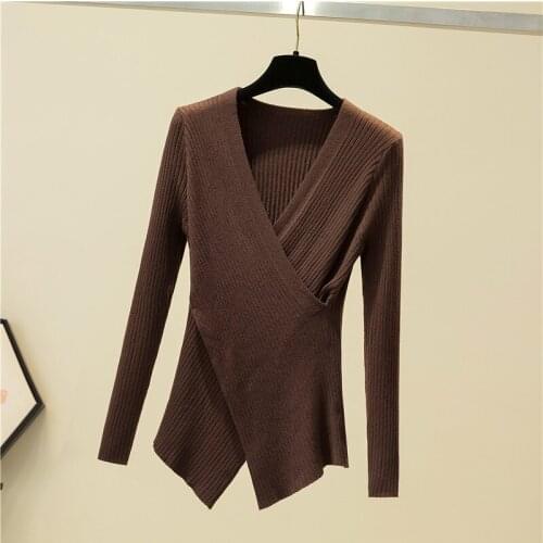 2021 Long Sleeve Knitted Sweater Sexy Autumn Fashion Irregular V-neck Black White Y2K Jumper Top Female Pullover