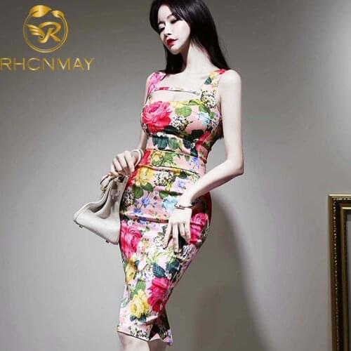 2020 Summer Women Spaghetti Strap Printed Floral Pencil Dress Slim Sexy Square Collar Bodycon Office Lady Dress Sheath Sashes