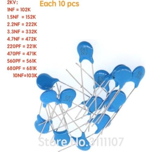 100PCS/LOT Ceramic Capacitors Assortment Assorted Kit High Voltage 2KV 1NF 1.5NF 2.2NF 3.3NF 4.7NF 220PF 470PF 560PF 680PF 10NF