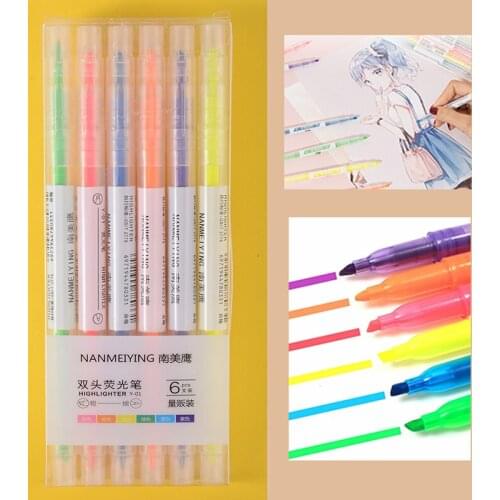 6 Colors Round Toe Highlighter Marker Pen Double Side Oblique Written Text Pens Journaling Office School Stationery