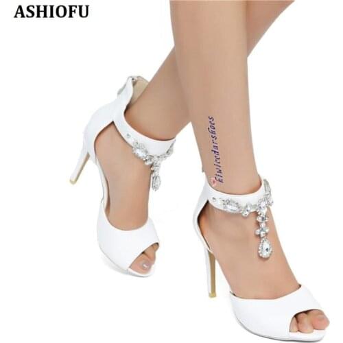 ASHIOFU Handmade Ladies High Heel Sandals Crystal Jewelry Wedding Party Prom Shoes Simple Style Fashion Evening Club Sandals