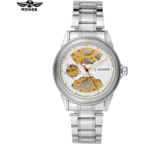 Men mechanical watches skeleton watches WINNER brand business hand wind wristwatches for men stainless steel band gift clock