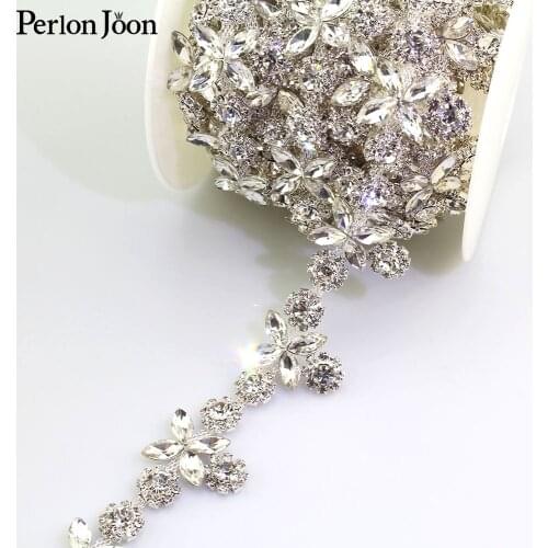 1 yard shine flower diamond rhinestone trim plating silver flatback glass crystal decorative chain clothing accessories ML097