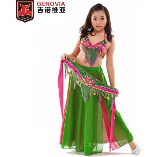 Kids Girls Belly Dance Costume (top,belt,skirt) Childrens Performance Belly Dance 3-piece Oriental Dress Bra Belt 3 Colors