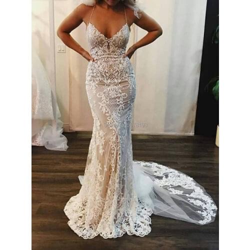 71814 Elegant V-neck spaghetti straps mermaid/trumpet floor-length tulle wedding dresses/formal gowns appliques free shipping