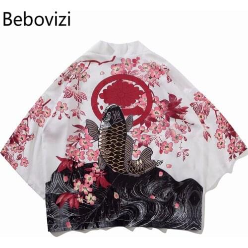 Bebovizi Japan Ukiyo-e Koi Printed Kimono 2019 Streetwear Harajuku Style Outwear Casual Robe Coats Men Cardigan Jackets