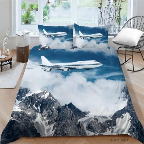 Aircraft Print Bedding Set Snow Mountains 3D Nature Duvet Cover King Queen Single Twin Full Double Bed Set Blue Sky