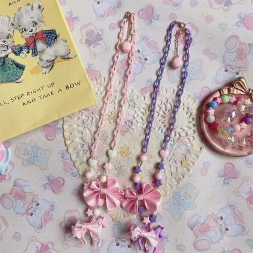 Handmade Lolita Sweet Necklace Bow Necklace Pink Purple Cute Sweet