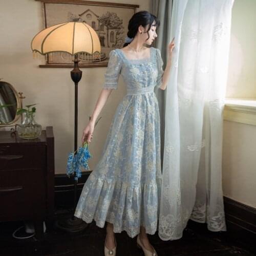 Sweet Soft Girl A Line Dress 2021 Summer Lace Embroidery Button Decor Party Dresses Casual Street Boho Vestido Midi Feminino