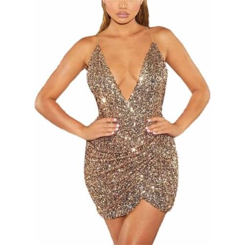Fashion Backless Sexy Dresses Women Sequin Glitter V Necl Bodycon Mini Dress Evening Party Wrap Dress