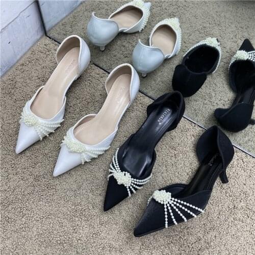 Fashion Women Pumps Shoes Pointed Toe Pearl Chain Design Shallow Slip On Thin Mid Heels Sandal Ladies Dress Shoes Wedding Shoe