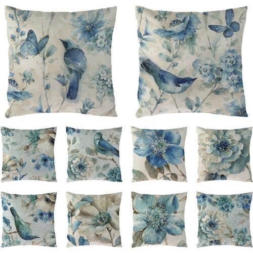 45cm*45cm Blue flowers and blue birds pattern linen/cotton cushion cover and sofa pillow case Home decorative pillow cover 1682