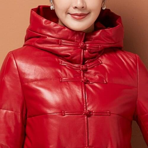 Autumn Winter Genuine Women Red Female Down Jacket Long Coat Sheepskin Leather Hooded Overcoat KJ743