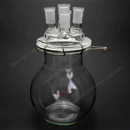 5000ml,24/40,Reaction Flask,5L,4-Neck,Flat Bottom Glass Reactor,With Clamp & Lid