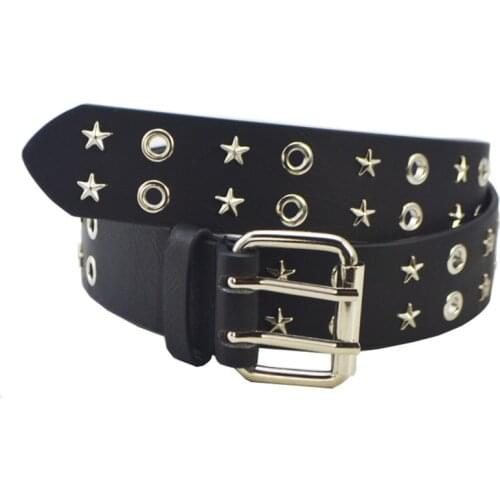 Maikun Upgraded Version Mens All-Match Eye Belt New Punk Double Row Pin Buckle Denim Star Waistband