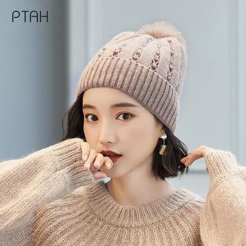 [PTAH] Knitted Hat Women Winter Hats for Women Ladies Brand Pure Color Pearls Hairball Girls Cap Female Warm Comfort Woolen Hats