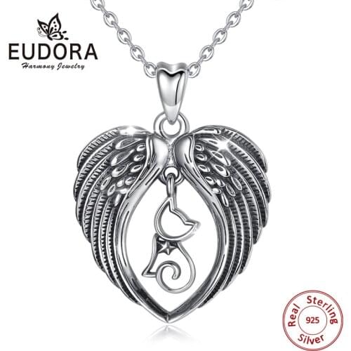 EUDORA 925 Sterling Silver Lovely Cat & Angel Wing Heart Pendant Necklace Sterling Silver Vintage Jewelry Exquisite Gift CYD410